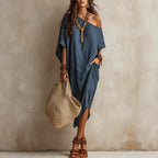 Slanted Shoulder Cotton And Linen Dress Women'S Loose Bat Sleeves Mid-Length Slit Holiday Dress