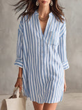 V-Neck Vertical Stripe Roll Sleeve Mini Shirt Dress