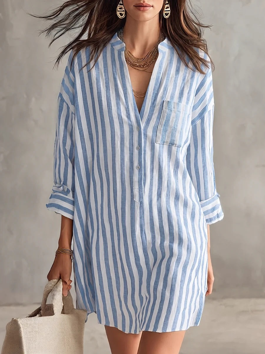 V-Neck Vertical Stripe Roll Sleeve Mini Shirt Dress