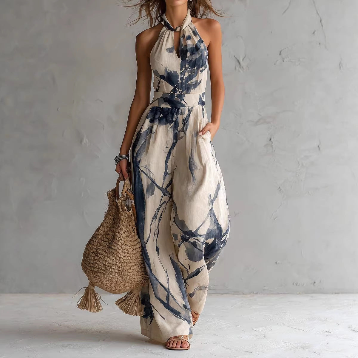 Women's Beige Abstract Print Halter Wide-Leg Jumpsuit