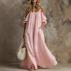 Cold Shoulder Puff Sleeve Pocketed Flowy White Maxi Caftan Dress