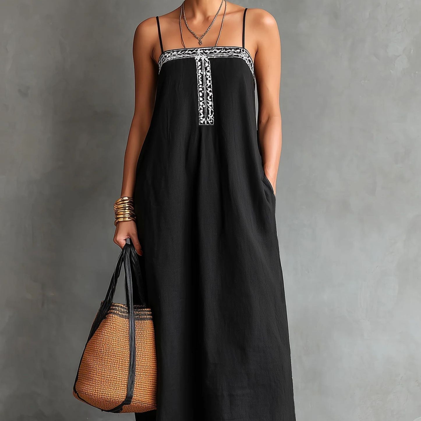 Black Embroidered Linen Maxi Dress