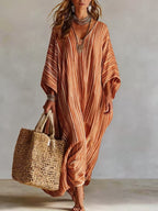 Women's Light Striped Linen-Blend Kaftan Maxi Dress - Oversized V-Neck Beach Cover-Up