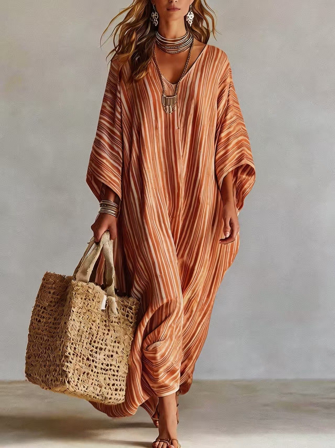 Women's Light Striped Linen-Blend Kaftan Maxi Dress - Oversized V-Neck Beach Cover-Up