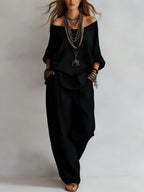 Women'S One-Shoulder Loose Top Wide-Leg Pants Cross-Border Two-Piece Set