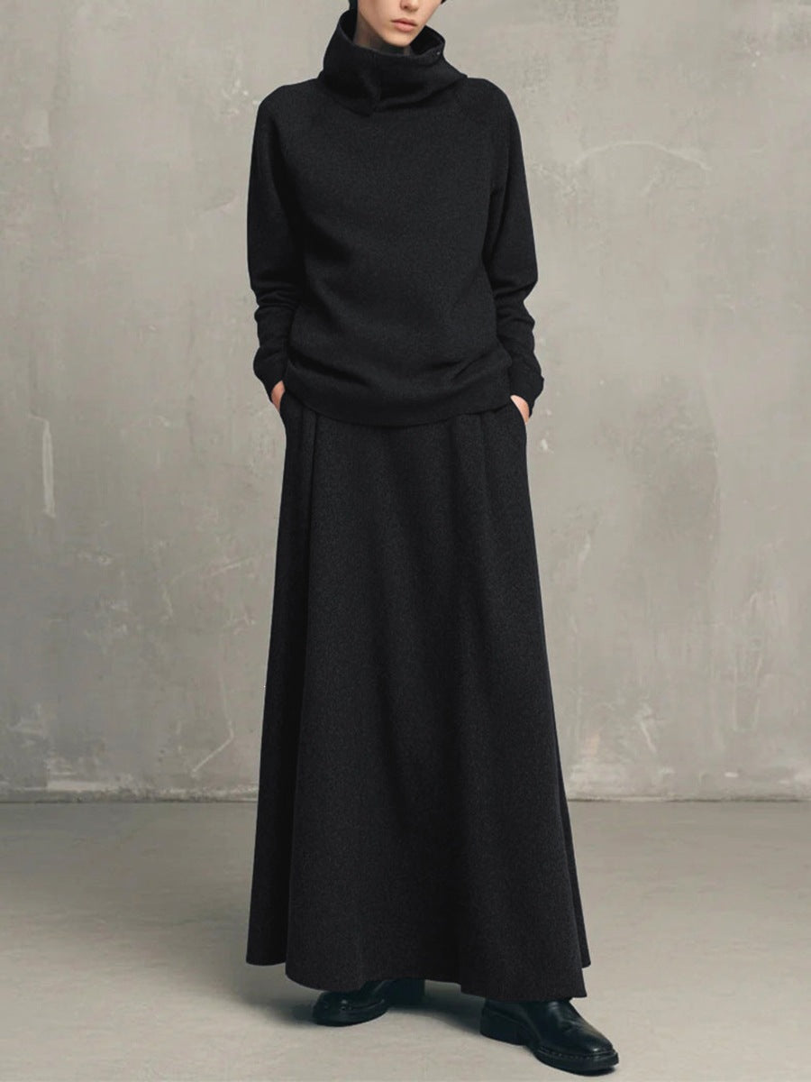 Elegant Neutral Knit Co-ord Set Funnel Neck Sweater Pleated Long Skirt