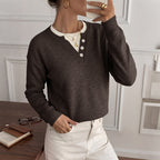 Women's Henley Button Notch Neck Drop‑Shoulder Long Sleeve Knit Sweater
