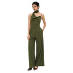 Elegant Olive Green Halter Wide-Leg Jumpsuit