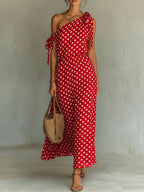 Women's Polka Dot One-Shoulder Maxi Dress