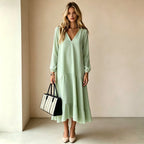 V‑Neck Long‑Sleeve Tiered Ruffle‑Hem Midi Dress