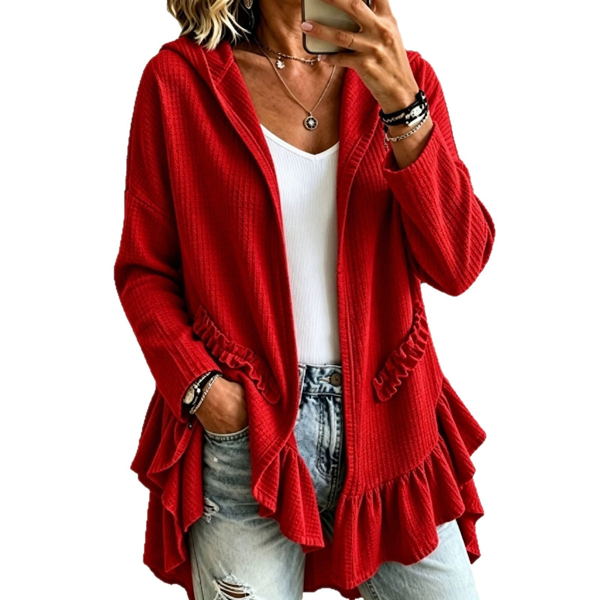 Ruffle Hooded Cardigan – Oversized Knit Open-Front Hoodie