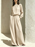 Women'S Gathered High‑Neck Blouse & Pleated Wide‑Leg Pants Two‑Piece Set
