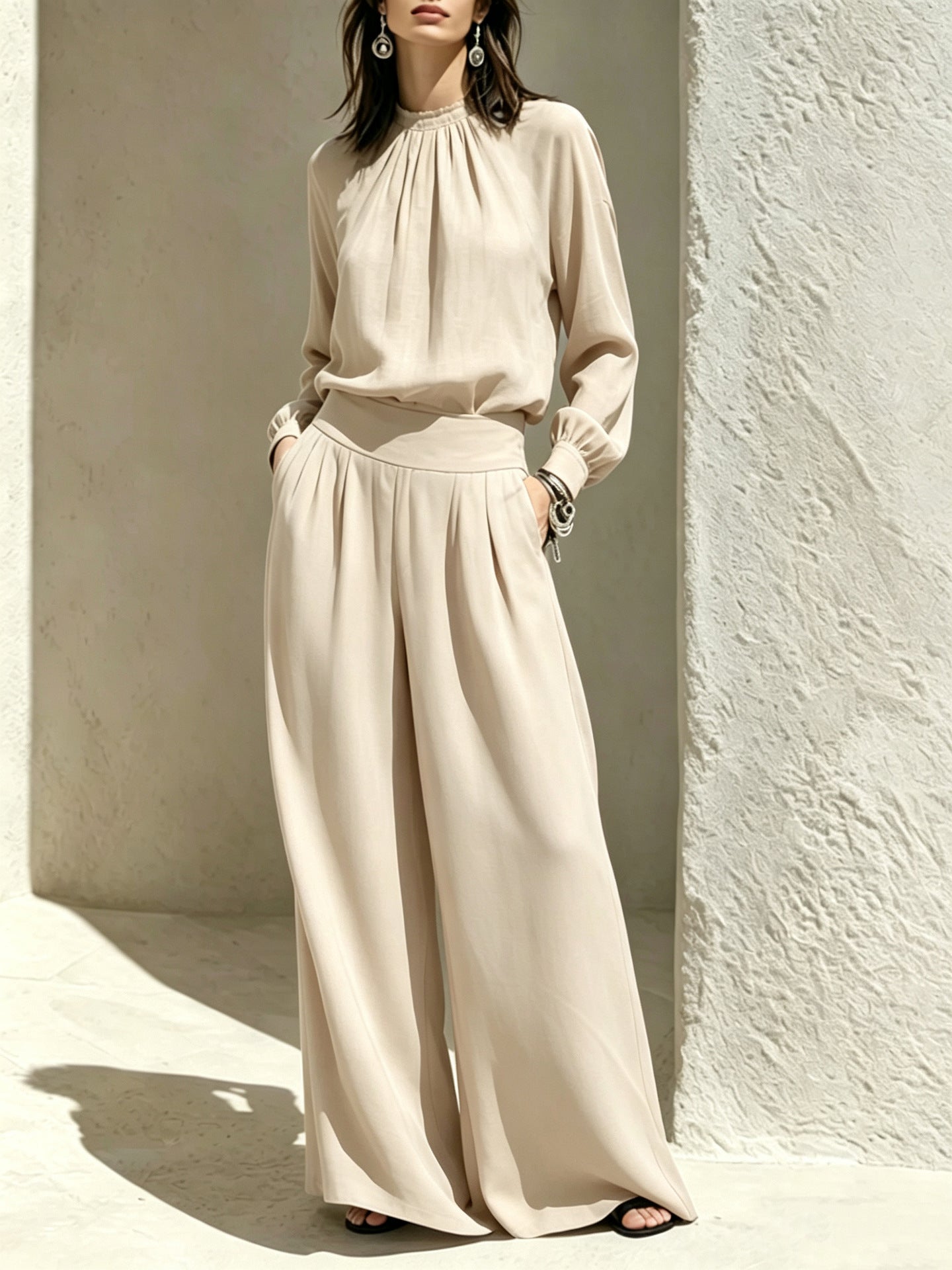 Women'S Gathered High‑Neck Blouse & Pleated Wide‑Leg Pants Two‑Piece Set
