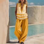 V-Neck Sleeveless Vest Wide-Leg Pants Suit Loose Casual Two-Piece Set For Women