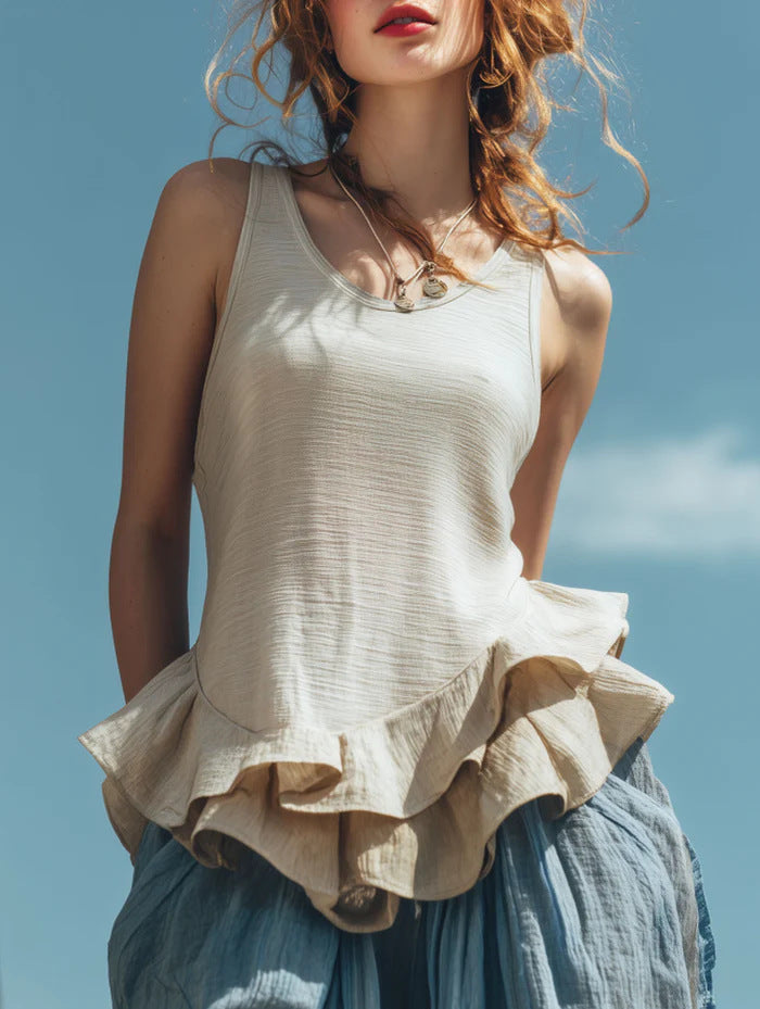 Casual Fashion Sleeveless Hem Ruffled Top