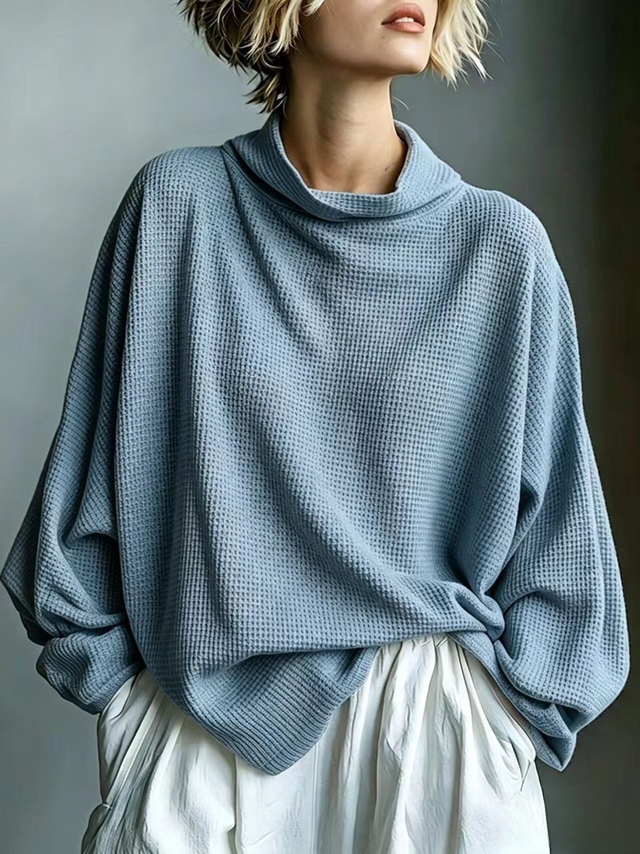Waffle-Knit Oversized Cowl Neck Top