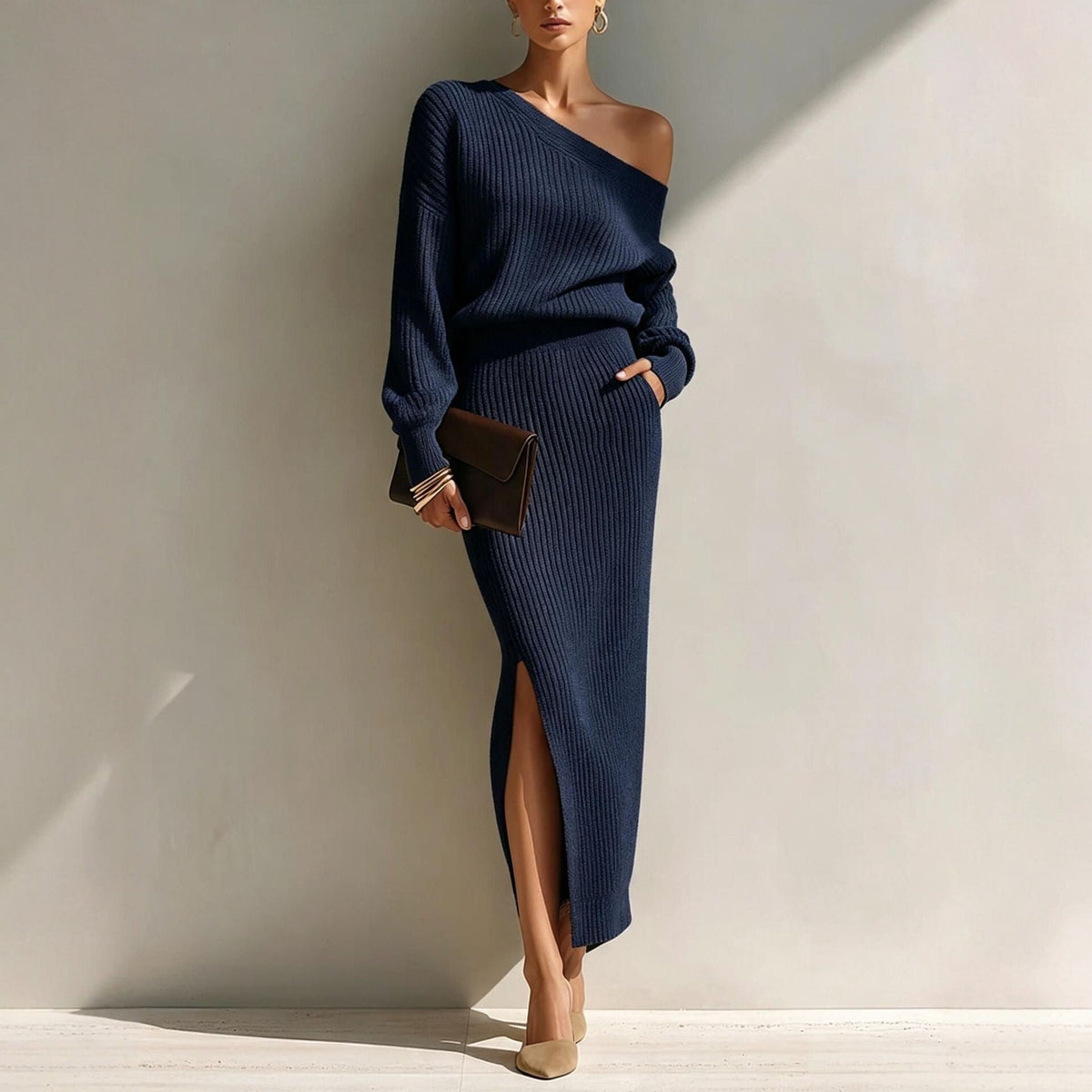Vintage Elegant Knitted Fabric Off-shoulder Top And Skirt Two-piece Set