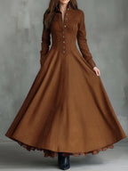 Women'S Vintage Stand‑Collar Button‑Front Maxi Dress