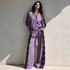 Bomber Jacket & Wide‑Leg Pants Two‑Piece Set with Black Lace Trim