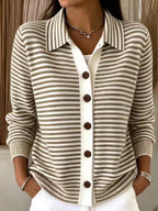 Women's Green‑White Stripe Collared Button Front Knit Cardigan