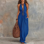 Halter V-Neck Linen-Blend Maxi Dress