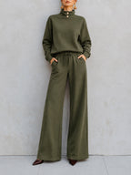 Mock‑Neck Button‑Detail Sweatshirt & Wide‑Leg Drawstring Pants Two‑Piece Set