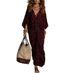 Women's Leopard Print Knot-Front Maxi Kaftan Dress - Flowy V-Neck Chiffon Cover-Up