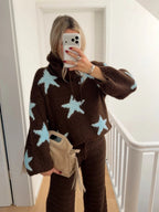 Women’s Oversized Chunky Knit Star Pattern Cowl Neck Pullover