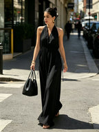 Women'S Halter V‑Neck Drawstring Waist Maxi Dress