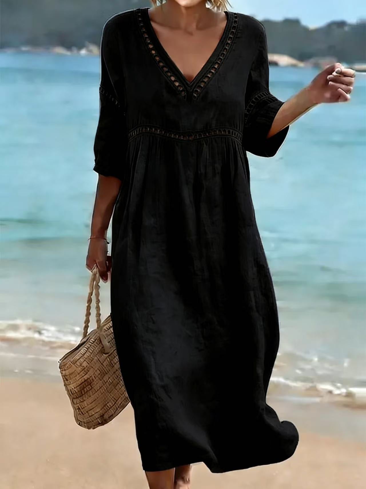 Women's Linen‑Blend Eyelet Trim V‑Neck Midi Dress