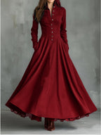 Women'S Vintage Stand‑Collar Button‑Front Maxi Dress