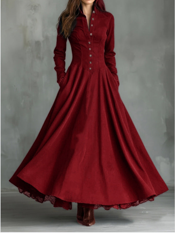 Women'S Vintage Stand‑Collar Button‑Front Maxi Dress