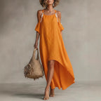 Vibrant Orange Cold-Shoulder High-Low Maxi Dress