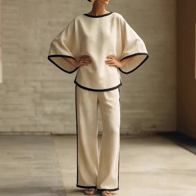 Women'S Elegant Round Neck Loose Bat Sleeves Cotton And Linen Two-Piece Set
