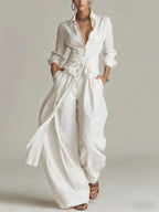 Women'S Shirt‑Style Self‑Tie Belt Wide‑Leg Jumpsuit