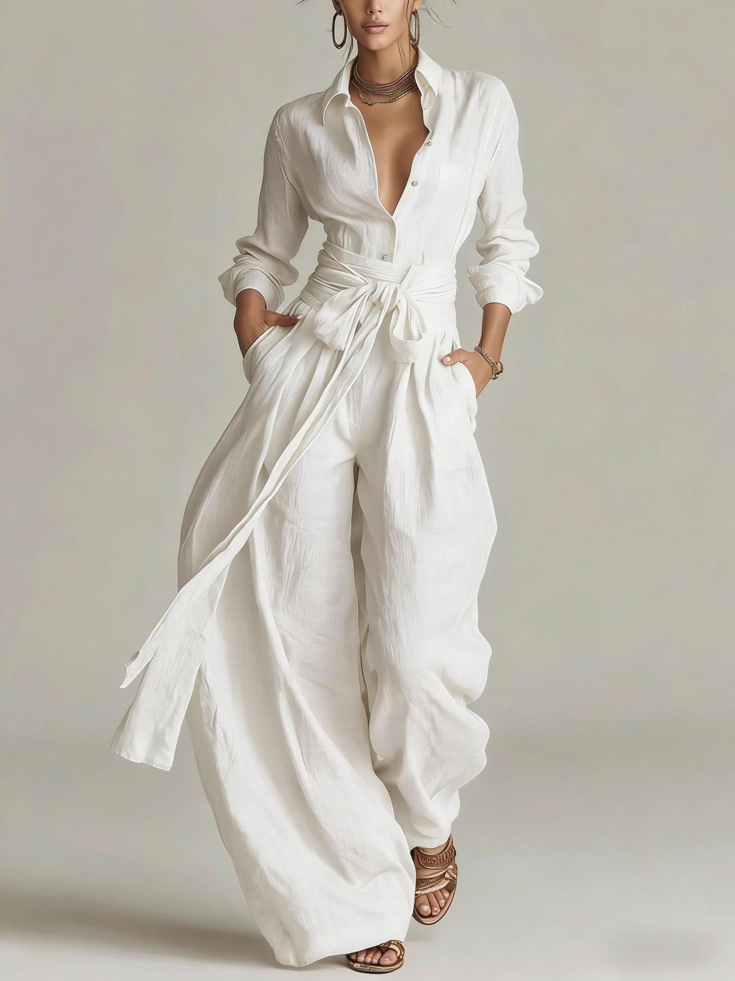 Women'S Shirt‑Style Self‑Tie Belt Wide‑Leg Jumpsuit