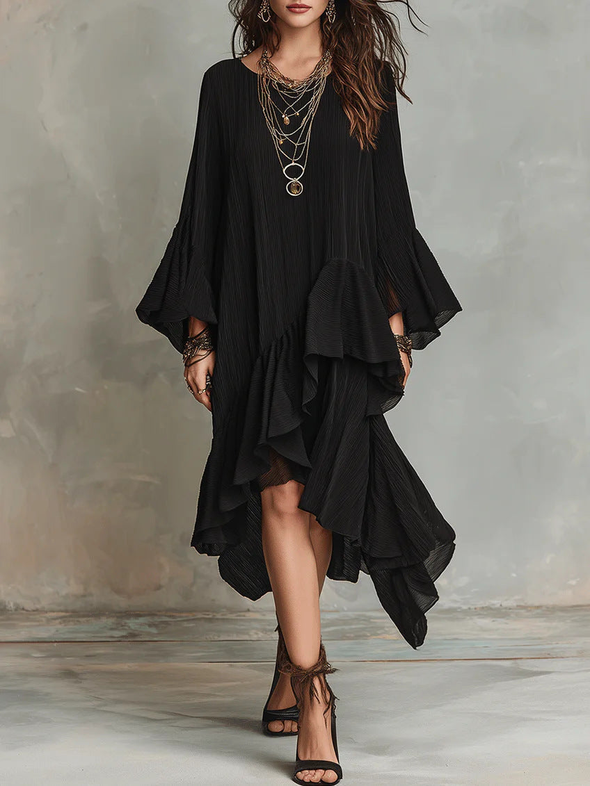 Crinkled Textured Oversized Bell Sleeve Asymmetrical Ruffle High Low Midi Dress