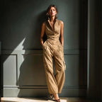 Sleeveless Collar Shirt Cargo Wide Leg Jumpsuit