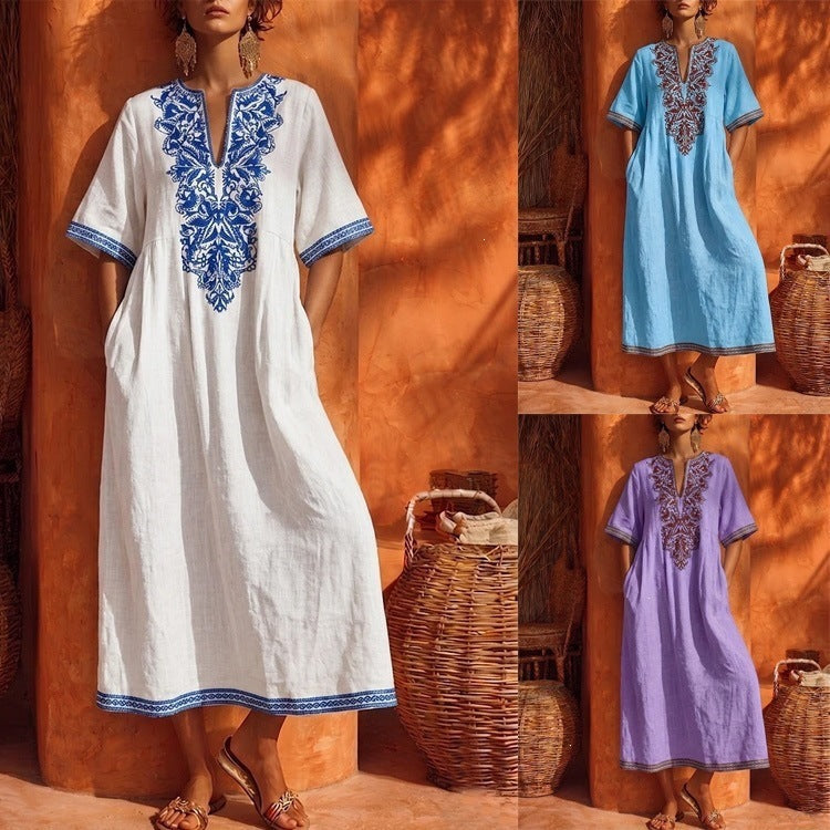 Linen Floral Embroidery V Neck Short Sleeve Midi Kaftan Dress