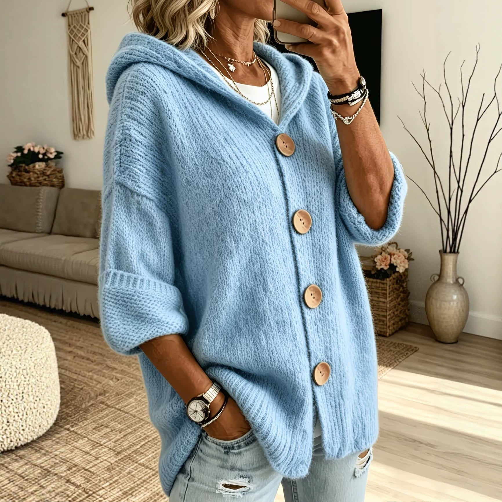 Hooded Button Front Chunky Knit Cardigan
