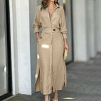 Women Collared Waist‑Tab Shirt Maxi Dress
