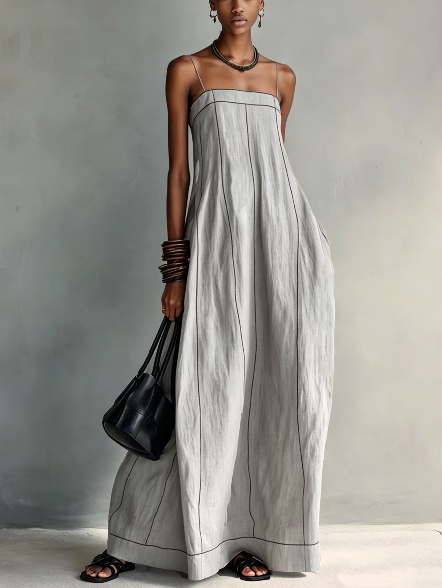 Contrast Stitch Thin Strap Straight Maxi Slip Dress