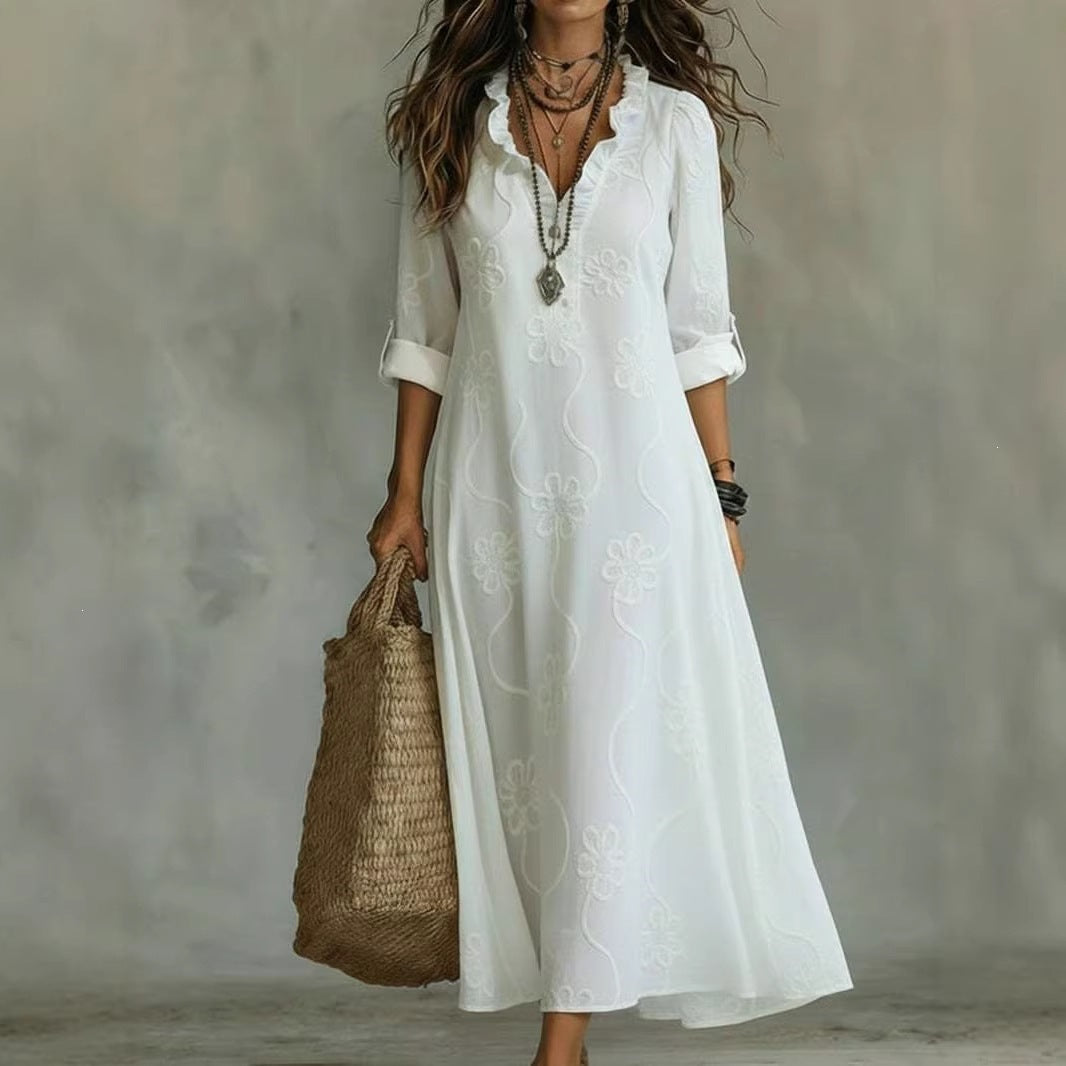 Women'S Ruffle V‑Neck Floral Embroidery Roll‑Up Sleeve Maxi Dress