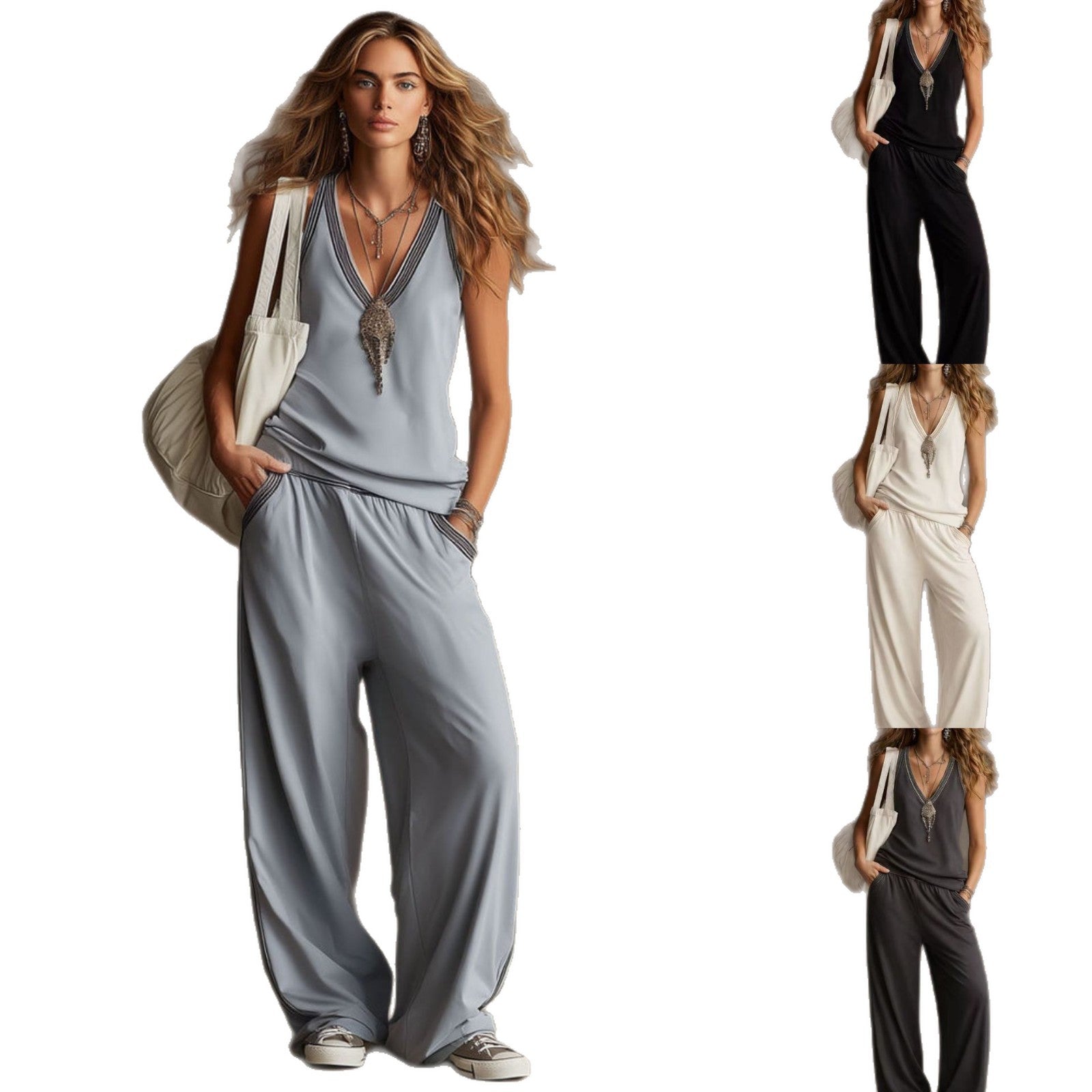 Boho V-Neck Sleeveless Two-Piece Loungewear Set
