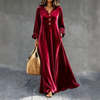 Women's V‑Neck Velvet Ruffle Cuff Maxi Dress