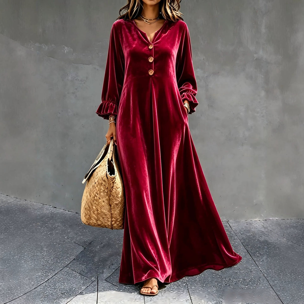 Women's V‑Neck Velvet Ruffle Cuff Maxi Dress