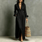 Women'S Lapel Collar Button‑Front Linen Shirt Maxi Dress