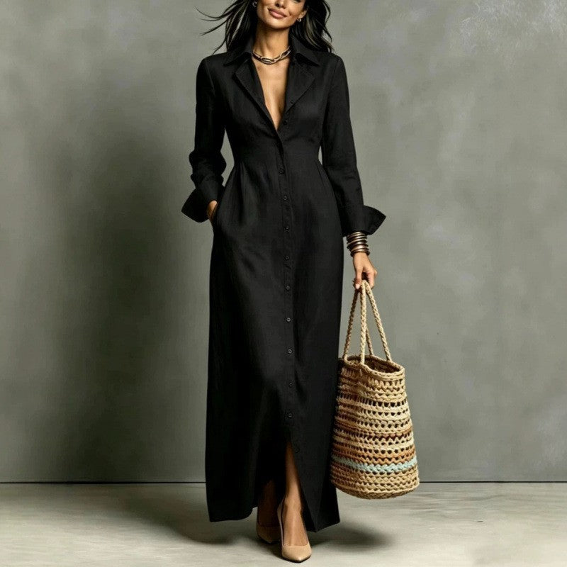 Women'S Lapel Collar Button‑Front Linen Shirt Maxi Dress