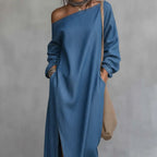 Loose-fitting One Shoulder Split Hem Cotton Linen Midi Dress