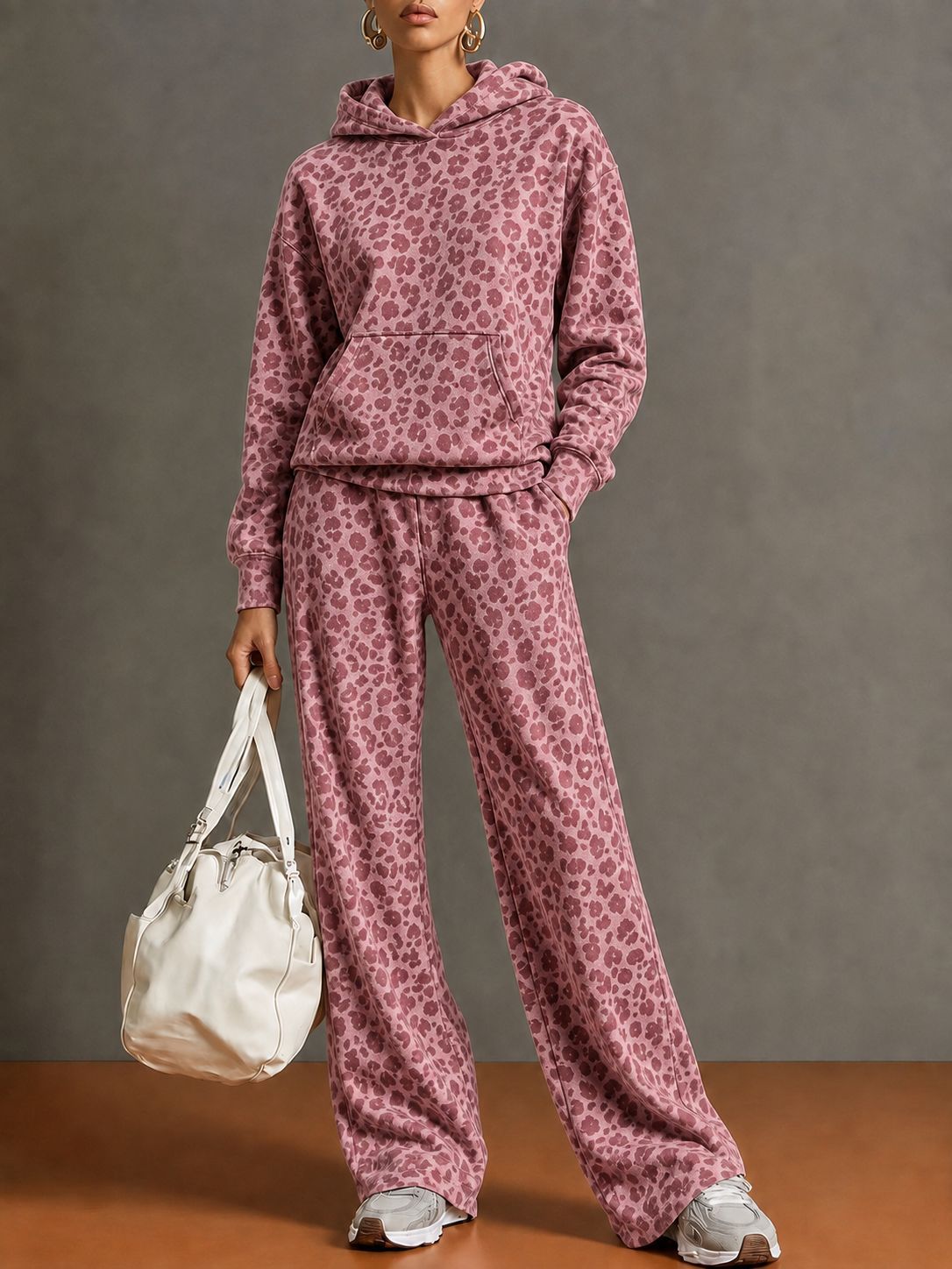 Leopard Print Hooded Top & Wide Leg Pants 2 Piece Tracksuit Set